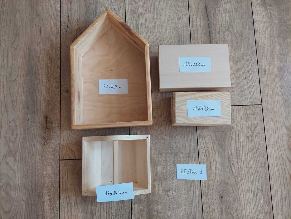Pudełko drewniane szkatułka domek koszyk decoupage zestaw 9
