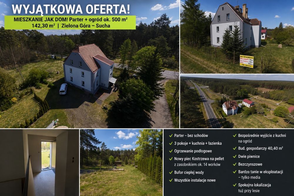 WYJĄTKOWA OFERTA! Parter 142,30 m² + działka ok. 500 m² + budynek gospodarczy 40,40 m² | Zielona Góra – Sucha