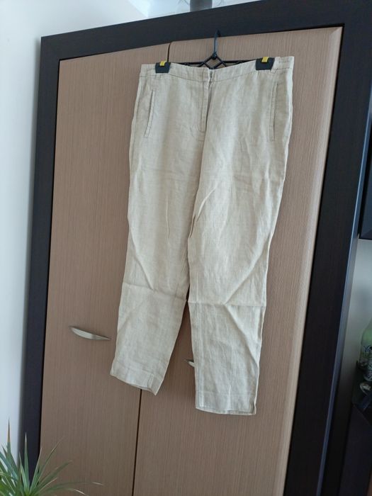 Lniane spodnie Zara Basic 100% len beżowe rozmiar L