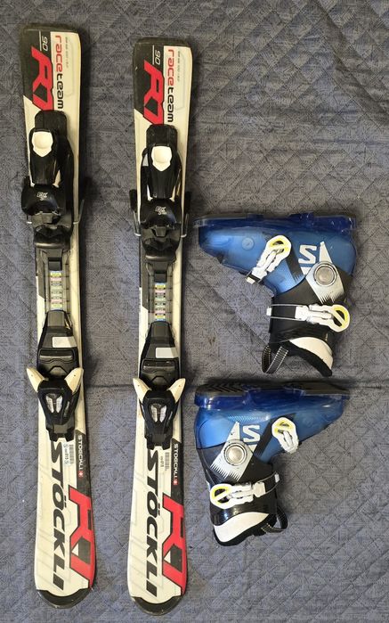 Narty dziecięce Stöckli 90 cm + wiązania + buty Salomon r. 20