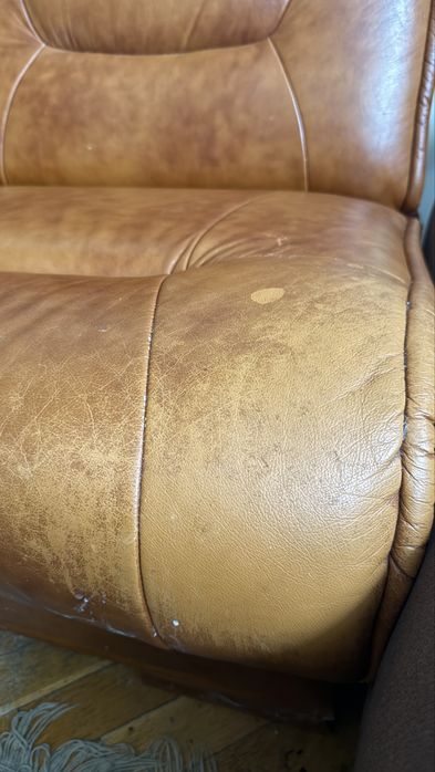 Komplet wypoczynkowy retro - sofa + 2 fotele, skóra naturalna