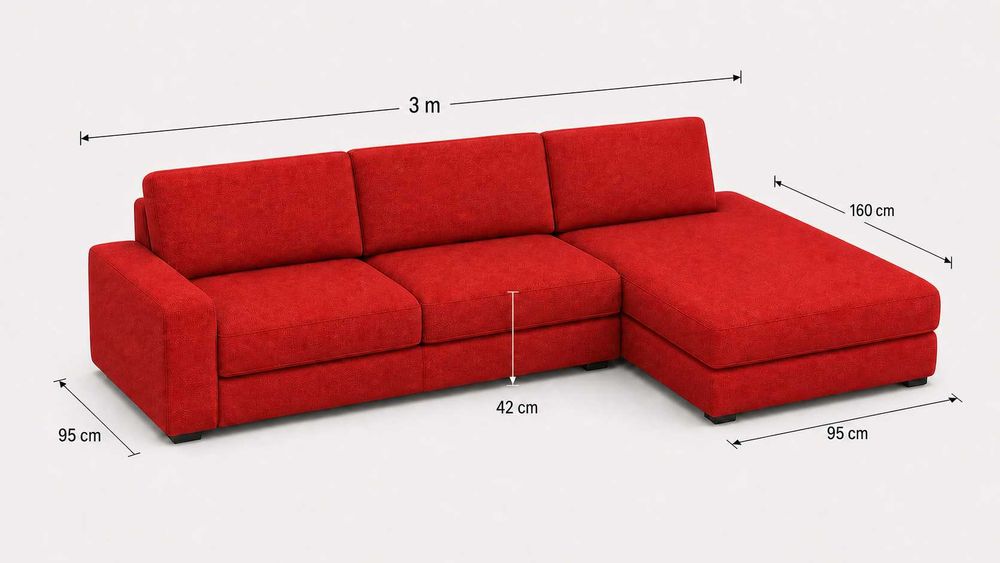 Sofá Chaise Longue (direta) em PELE Natural - Vermelho - 3m + Duas cadeiras de Madeira revistidas em PELE Natural