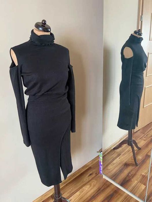 sukienka sweterkowa golf wyciete ramiona maxi 7/8 m l 38 40