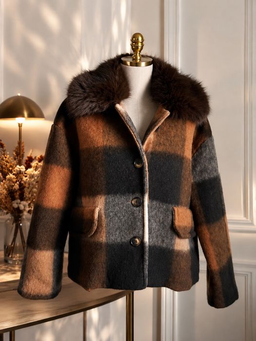 Kurtka damska Made in Italy krata wełna futrzany kołnierz  oversize