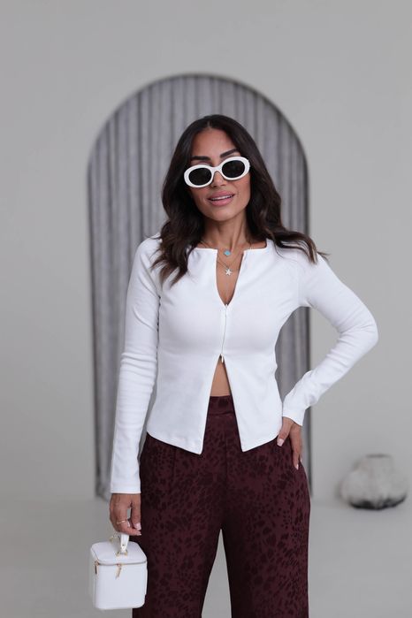 Білий приталений лонг лонгслів кофта на блискавці, лонг на замочку