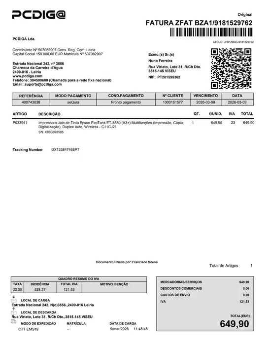 Impressora Jato de Tinta Epson EcoTank ET-8550 (A3+) Multifunções