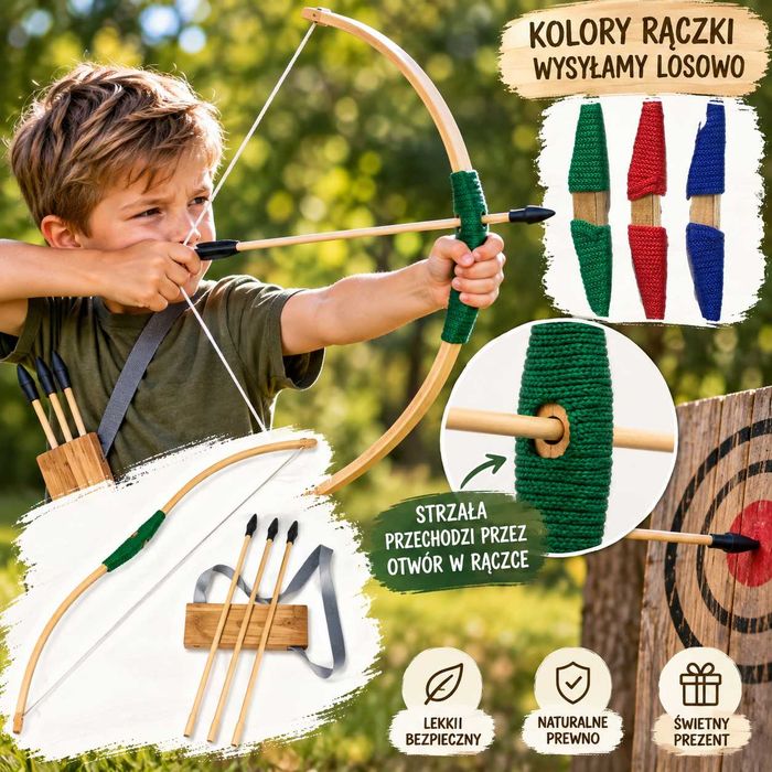 Drewniany Łuk 70 cm dla Dzieci + 3 Strzały + Kołczan