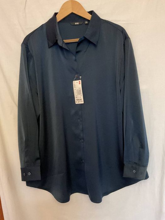 Женская атласная японская блуза синяя,большой размер.