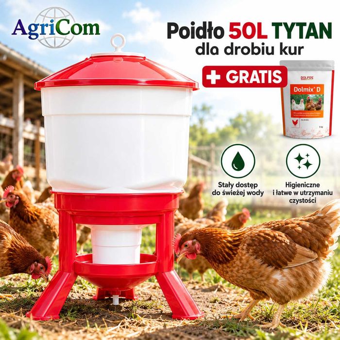 Poidło automatyczne z zasobnikiem 50L TYTAN dla drobiu kur + Gratis
