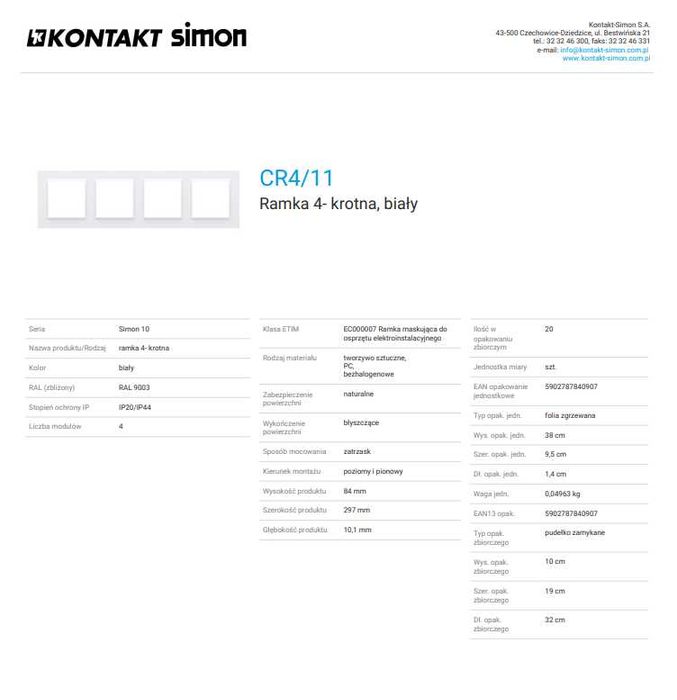 Simon 10 CR4/11 Ramka 4- krotna, biały