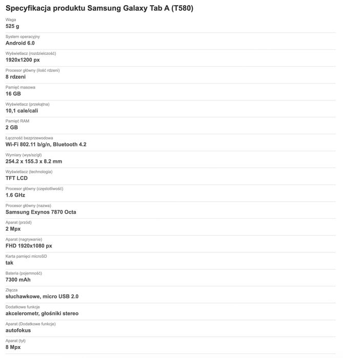 Samsung Galaxy Tab A (T580) biały, małoużywany