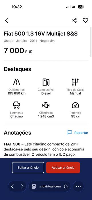 Fiat 500 1.3 16V Multijet em bom estado e muito estimado. Vende-se por troca de veículo