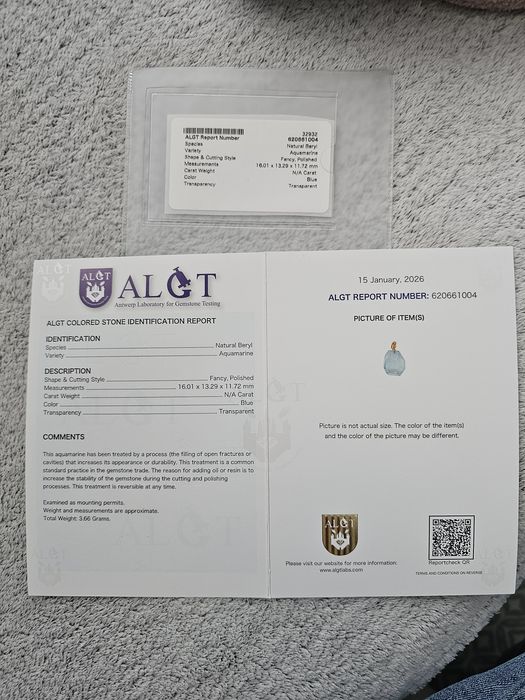 KRÓLEWSKI BŁĘKIT  Naszyjnik Akwamaryn Certyfikat ALGT (3.66g)