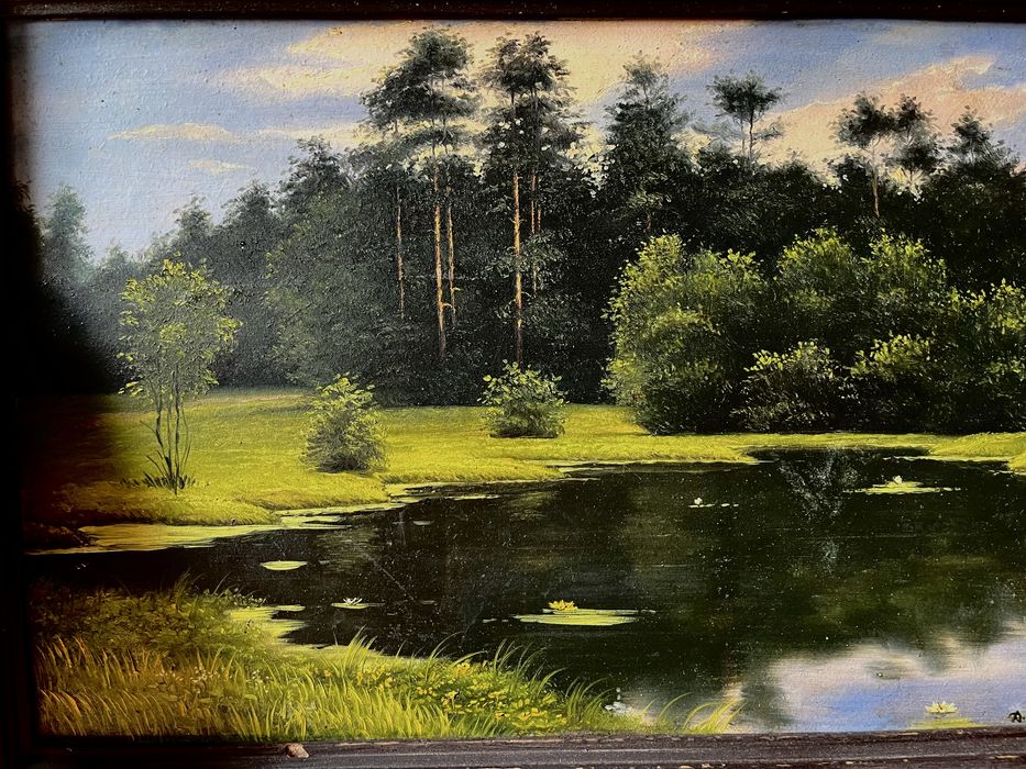 Терміново Картина пейзаж олія Ліс на березі озера в деревяній рамі