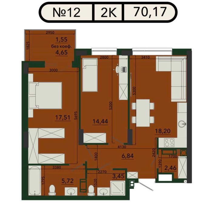 2-кім. квартира, 70.17 м² у ЖК з закритим двором