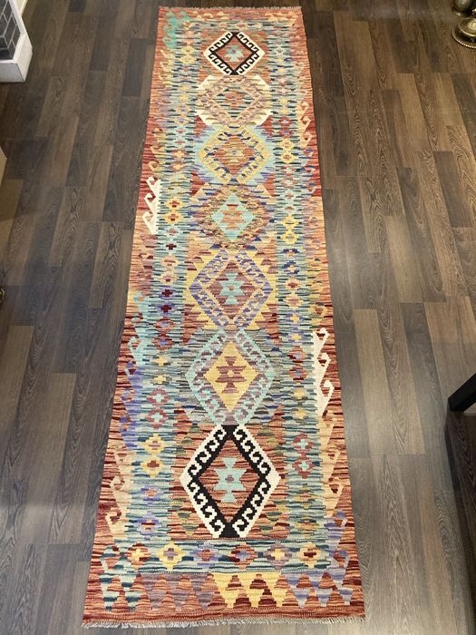 Tapete Kilim oriental feito à mão em lã natural 307x83cm - Novo