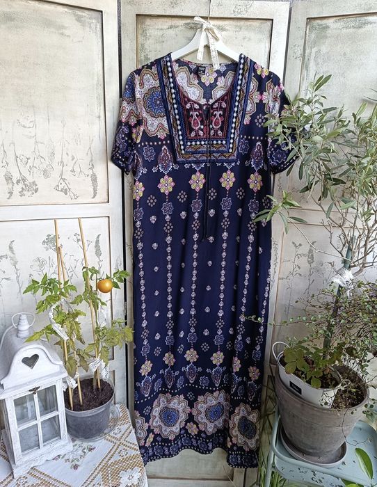 L biust 52x2 długa boho folk z haftem sukienka paisley hippie