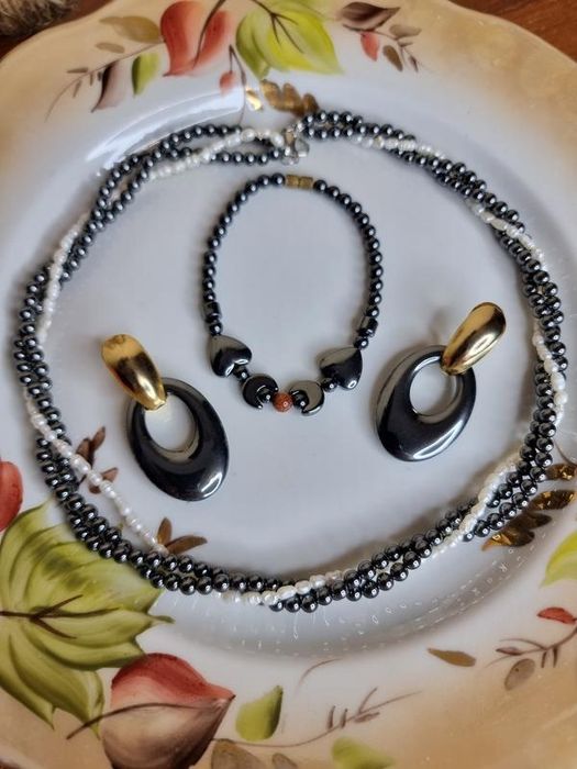 Винтажный комплект- ожерелье, браслет и серьги-трансформеры, гематит