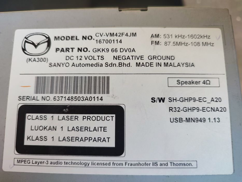 Radio samochodowe Mazda 6 cv- vm42f4jm