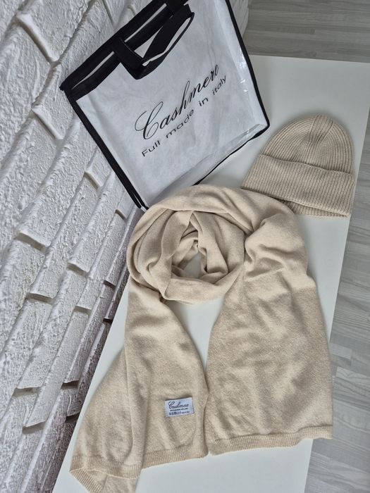 Beżowy komplet kaszmirowy czapka i szalik cashmere