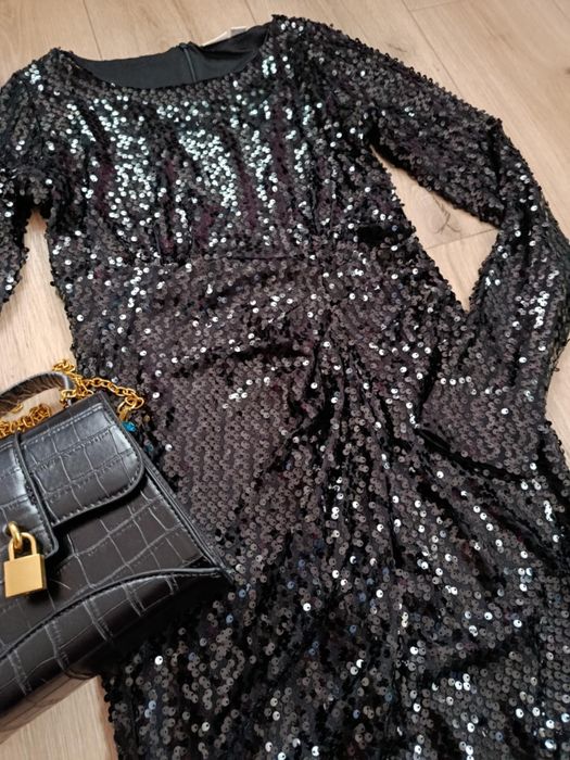 Sukienka cekinowa maxi czarna kobieca evening glam 34 stan b. Dobry
