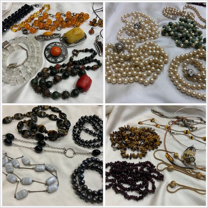 Вінтажне срібне намисто з Бурштином Перли Нефрит Корал Тигрове око