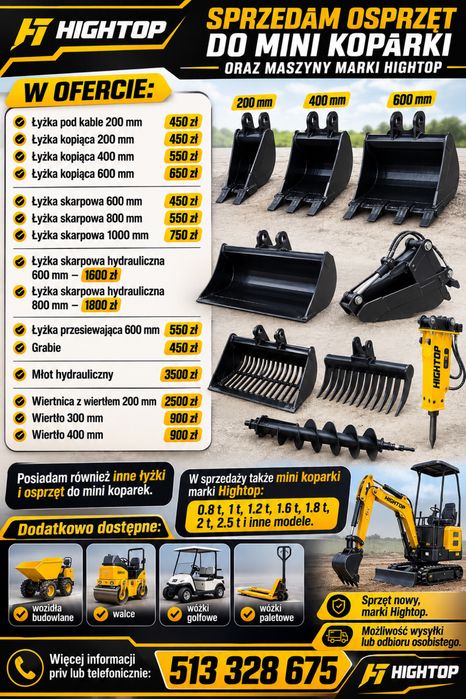 Łyżka do minikoparki 200 400 600 800 1000 mm osprzęt Hightop młot wiertnica grabie nowe małe mocne z dostawą mini koparka