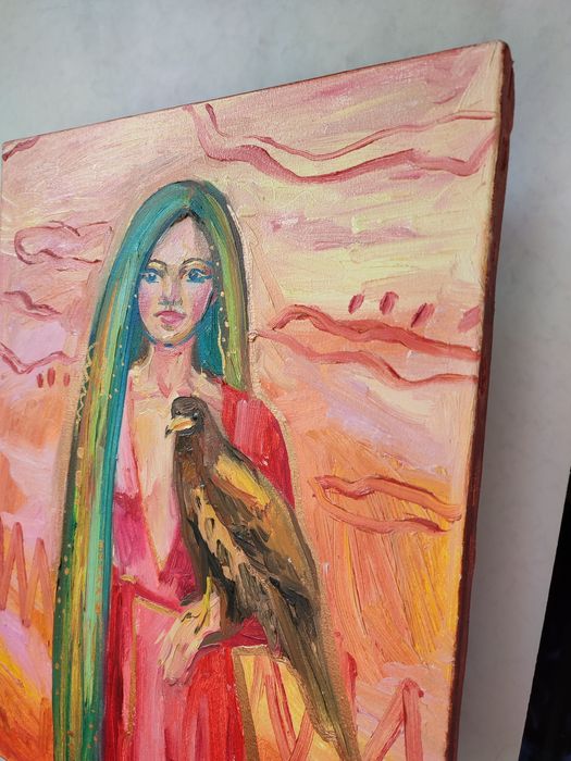 Картина Дівчина з орлом Яскрава помаранчево-рожева красива жінка бохо