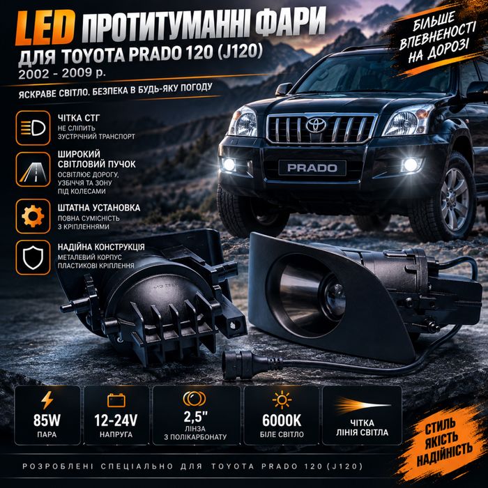 Штатні протитуманні світлодіодні фари LED до Toyota Prado (J120) 2002-2009 лінзовані Bi-LED лінзи 2,5 дюйми 85W/пара з чіткою лінією світла