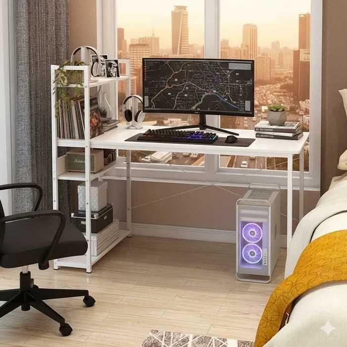 NOWE Biurko Loft Białe Gamingowe Metalowe Komputerowe Z Półkami OKAZJA