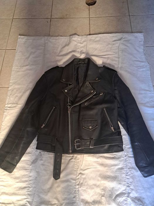 Blusão motard em couro puro preto