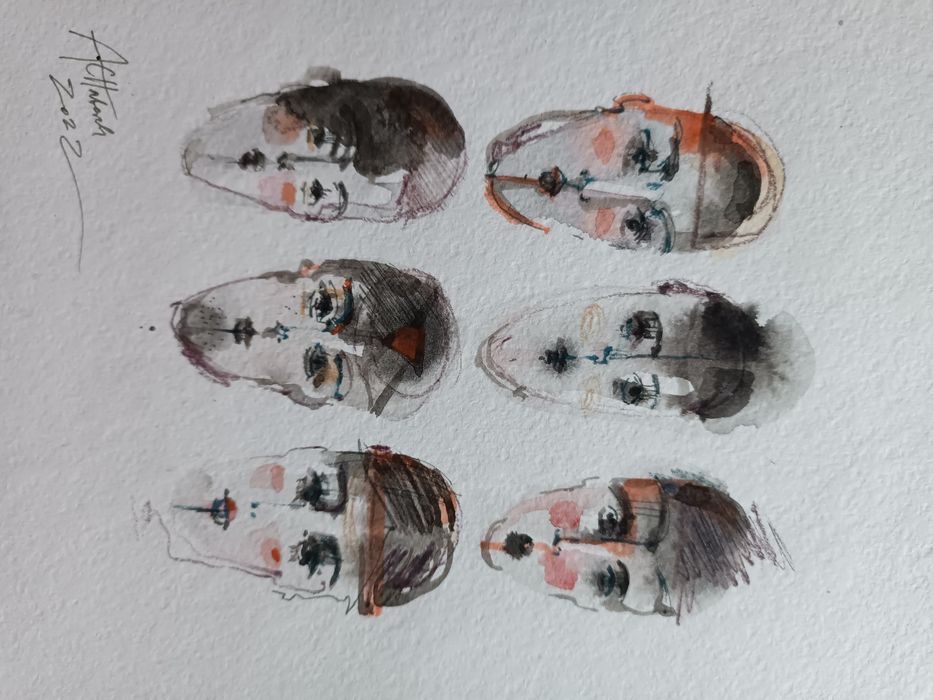 Sześć odbić rysunek współczesny tuszem akwarela szkic Chaber Art Wrocł