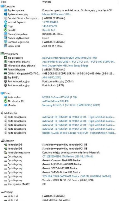 Komputer stacjonarny sprawny,cichy,Windows 10.