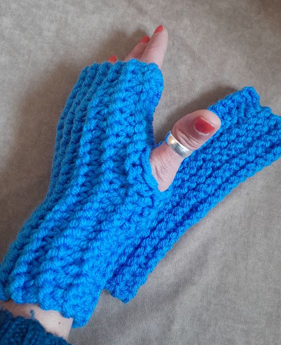 Opaska mitenki niebieskie komplet handmade boho ciepły zestaw damski