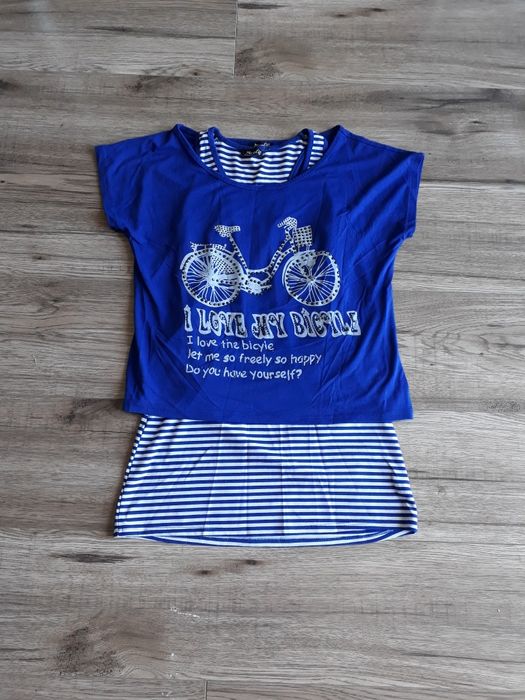 Niebieski komplet koszulka i podkoszulek z rowerem rozmiar S