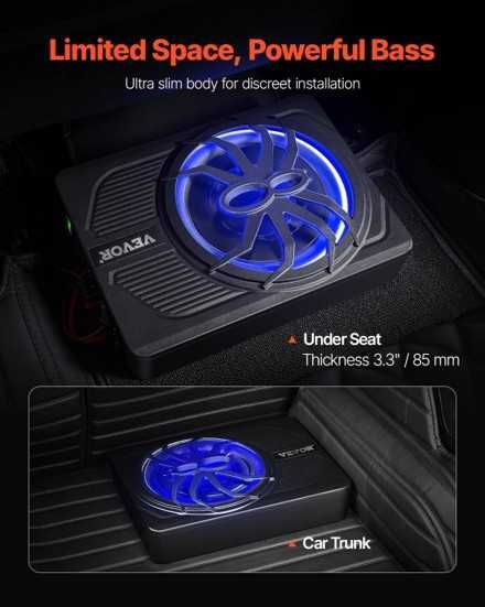 Subwoofer Slim VEVOR 10" 440W com Kit Cabos Profissional