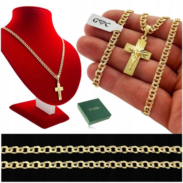 Eleagancki Pozłacany Łańcuszek Męski Splot Garibaldi 50cm+KRZYŻYK Z Je