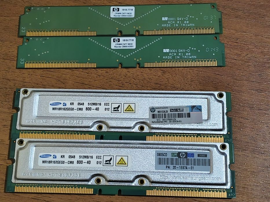 HP SAMSUNG 2x512MB 16ECC 800-40 RDRAM Alphaserver Memory + 2шт. CRIMM заглушки терминаторы