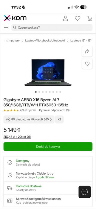 Laptop Gigabyte Aero x16 jak nowy
