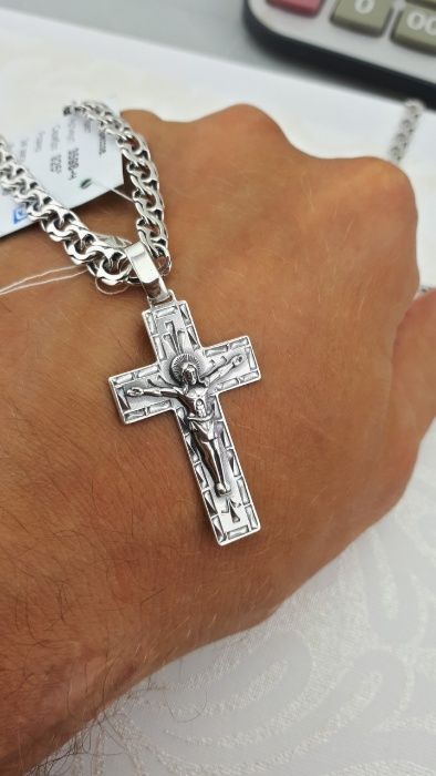 Чоловіча срібна цепочка ланцюжок Бісмарк з хрестиком 925 проба