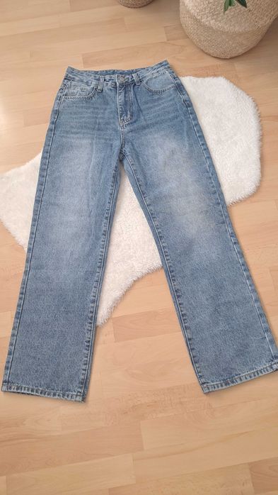 Niebieskie bawełniane spodnie jeans straight wysoki stan rozmiar S
