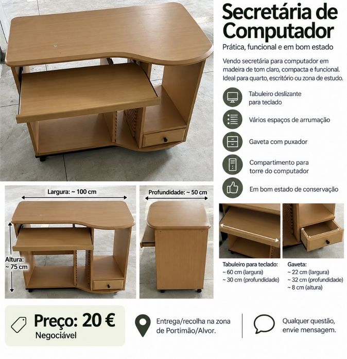 Secretária para computador em madeira – Bom estado