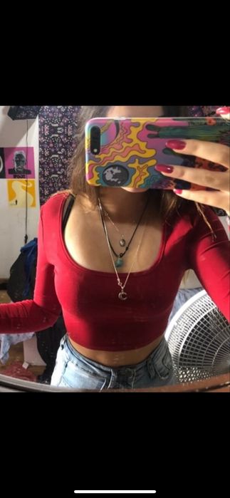 Crop top na długi rękaw czerwony bordowy z dekoltem xs shein