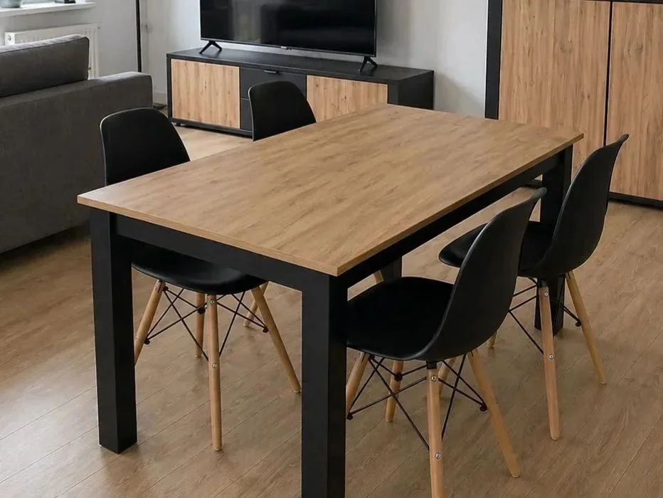 NOWY Stół z Krzesłami do Jadalni Kuchni Salonu Drewniany Craft Czarny 120x80 cm Stół i Krzesła Skandynawskie Meble Do Domu Kuchenny OKAZJA! Faktura