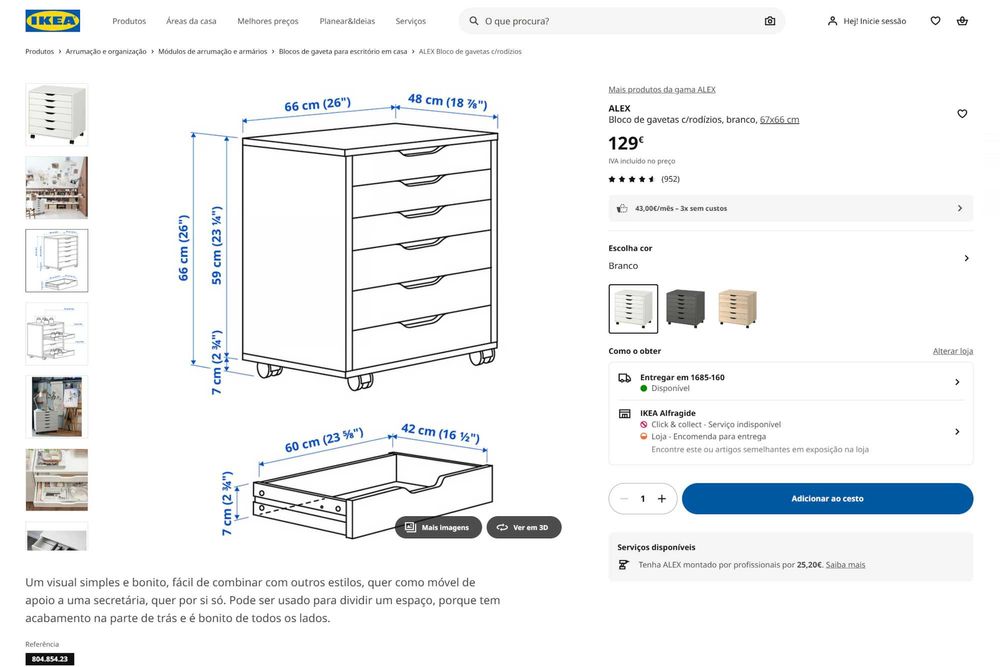 Bloco Gavetas IKEA ALEX 504.834.49 – Edição 2022 – Cinza Descontinuado