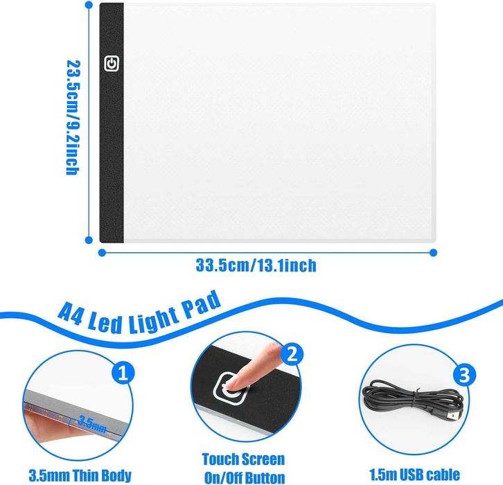 Mesa de luz LED [tamanho A4] com carregador USB leve e portátil - NOVO