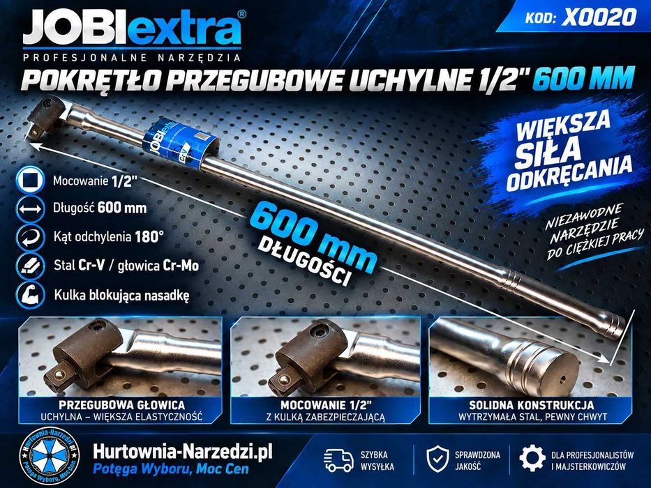 Pokrętło przegubowe 1/2" 600mm długie Cr-V długie pokrętło przegubowe pokrętło 1/2" pokrętło do nasadek X0020 JOBIextra