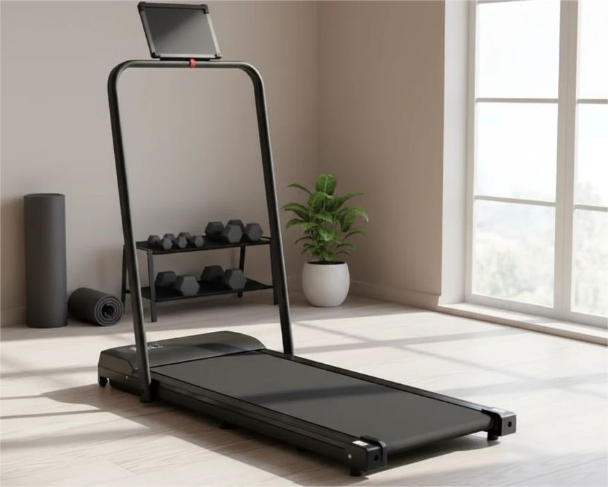 NOWA Bieżnia Domowa Elektryczna 1-10 km/h Składana Z Uchwytem Rączką MOVEPRO Do 100 KG Pad Treningowy Fitness Do Biegania Chodzenia Domu Pod Biurko FV