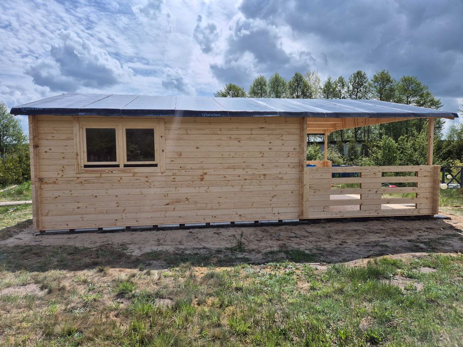 piękny MASYWNY domek drewniany + TARAS* 8m x 5m*40 m2*SCIANY aż 45 mm