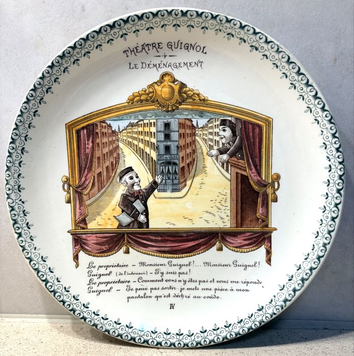 Rare antique French porcelain Choisy plate "Theatre Guignol"
